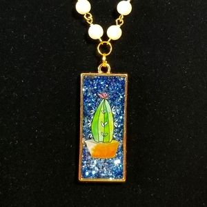 Blue Glitter Resin Cactus Necklace Handmade